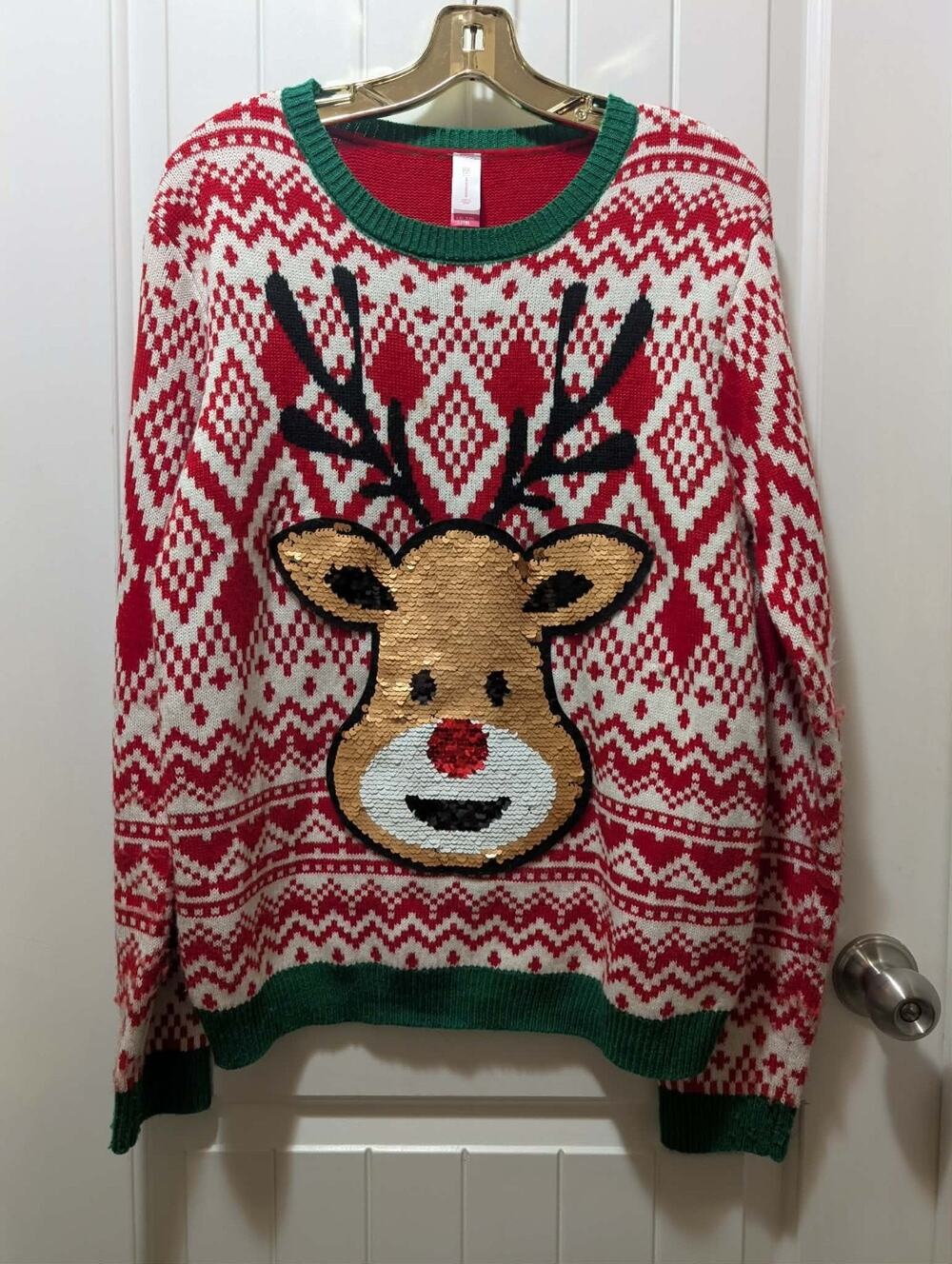 Ugly Christmas Sweater Sequin Rudolph Reindeer Red & Green, Juniors XXL 19
